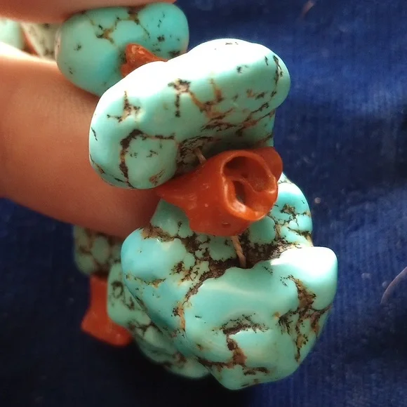 Vintage Turquoise Nugget & Coral Necklace 17.5" Long - Picture 5 of 15